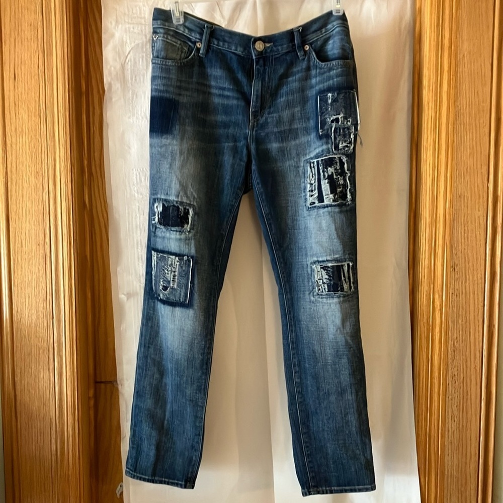 True Religion Women’s Cameron Slim Boyfriend Sz 30 Blue Distressed Patch Jeans